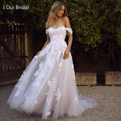 China Breathable off the shoulder floral lace wedding dress romantic fairy wedding dress factory custom make wholesale for sale