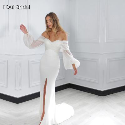 China Breathable Simple Elegant Wedding Dress Factory Custom Make Wholesale Long Lantern Sleeve Sheath Wedding Dress for sale