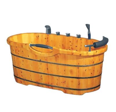 China Freestanding Garden 5 Faucet Accessories Chinese Wholesale Teak Massage Freestanding Wooden Bathtub for Yard for sale