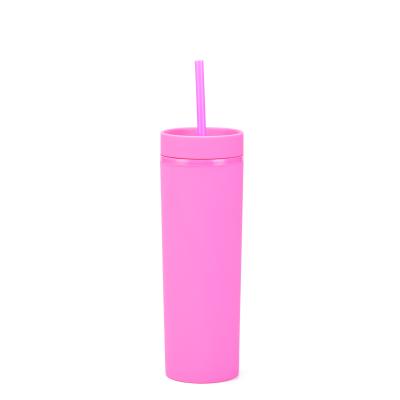 China Viable Cups With Lids And Straws 16oz Double Layer Tumbler Plastic Bulk Skinny Water Bottle Pastel Colored Plastic Cups for sale