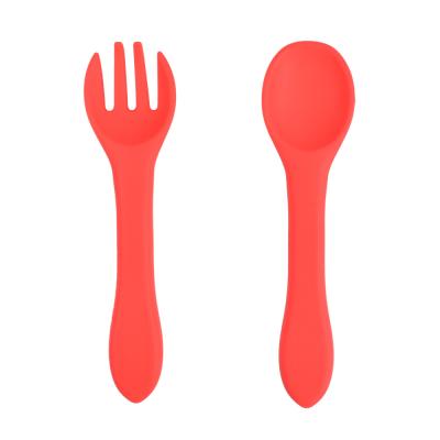 China Soft Minimalist Silicone Poon Safety Baby Self Training Fork and Spoon Set Toddler Lunch Cultery Feeding Set for sale