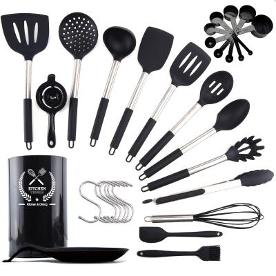 China Amazon Viable Hot Selling Silicone Utensils Set Hanging Hook Egg Beater Tong Stainless Steel Kitchen Cooking Tools Instruments Cookware Set for sale