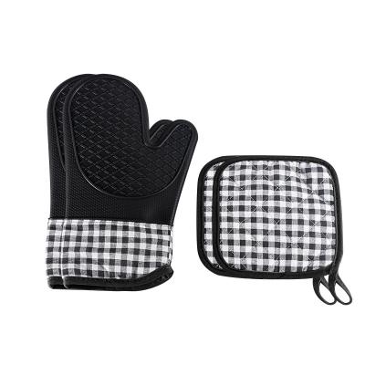 China Wholesale Traditional Long Oven Mitts and Cotton Pot Holders Set Heat Resistant Silicone Oven Mitts Pot Holder for sale