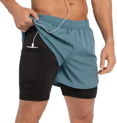 China Shorts Men 2 In 1 Shorts Nylon/Spandex Athletic Shorts Workout Running Lightweight Gym Training Sport Shorts With Inside Phone Pocket for sale