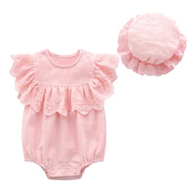 China Regular Ruffled Rompers Rose Floral Baby Summer Lace Clothes Newborn With Hat Girls Shorts Romper Sleeveless Seller for sale