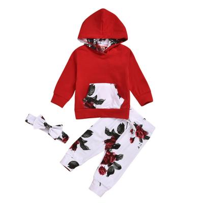 China Antibacterial Baby Clothes Floral Long Sleeve Hoodie Sweatshirt Pants With Pocket Headband Equipment Sets for sale