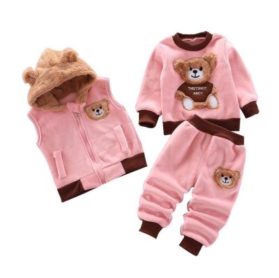 China Autumn And Winter Children's Clothing Breathable Baby Boy And Girls Plus Velvet Thickened Cartoon Bear Three-piece Sets for sale