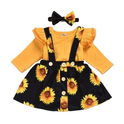 China Children's Yellow Romper+Suspender Skirt Sunflower Print Suits Customized Baby Breathable New Design Suit for sale