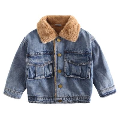 China Winter High Quality Boys Denim Coat Breathable Fleece Lined Jacket Kids Large Fur Collar Fashion Tops Lattice Jacket for sale