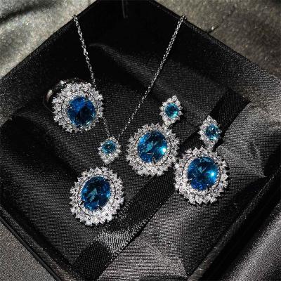 China New Luxury Multi Earrings Diamond Jewelry Sets For Women Bridal Vintage Colors Crystal Blue Cubic Zircon Pendant Necklace Rings for sale