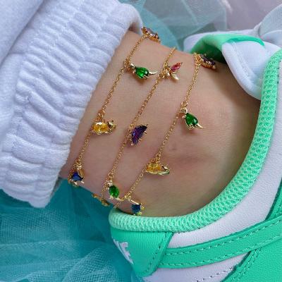 China HOT sale 18K fashion TRENDY real gold plated colorful zircon animal beach dinosaur small anklets for women girl for sale