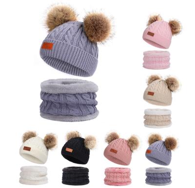 China Fashion New Collar 2pcs 0-10 Years Toddler Infant Beanies Knit Warm Hat Bib Winter Knit Pompom Beanie Scarf Hat Sets For Kids for sale