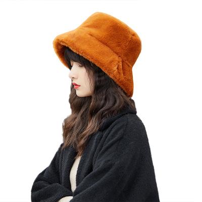 China Plush Women Girl Winter Warm Fisherman Hats Flat Wide Brim Plain Fur Wool Plush Bucket Hat for sale