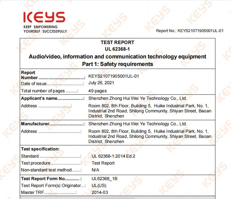 UL - Shenzhen Zhonghui Weiye Technology Co., Ltd.