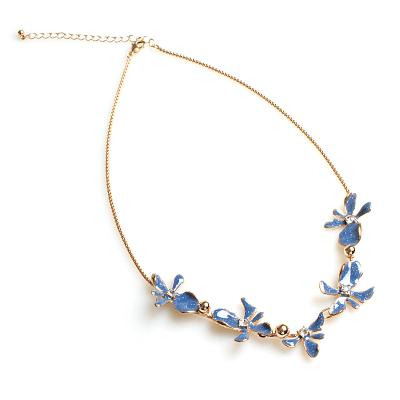 China Alloy V&R Qingdao Jewelry Handmade 18k Gold Plated Round Blue Epoxy Box Chain Glitter Powder And Rhinestone Flower Necklace for sale