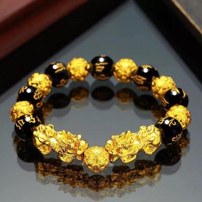 China Office/Pi Xiu Gold Bangle Black Career Feng Shui Bracelet Custom Adjustable Elastic Men's Obsidian Wealth Bracelet For Women for sale