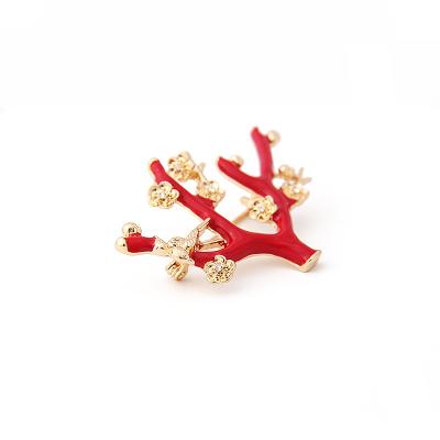 China Alloy V&R Qingdao Customize Red Enamel Tree Life Bird Flower Brooch Pin for sale