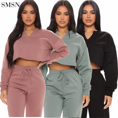 China Good Quality Breathable V-Neck Drawstring Sportswear Casual Ladies Crop Top 2 Pieces Set Women Pants Two Piece Set for sale