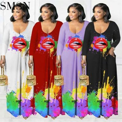 China SINGLE Long Sleeve Wholesale Anti-Static Printing Casual Women's Clothing 2021 Elegant Women's Long Maxi Dresses for sale