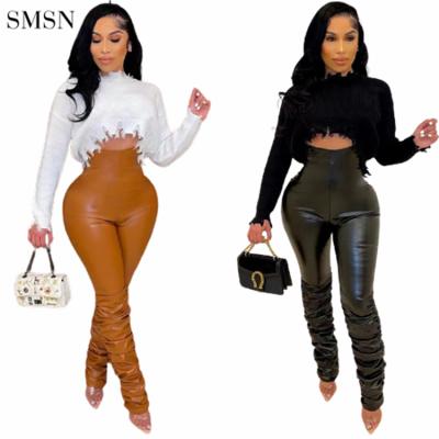 China Anti-pilling plus new design solid color waist high draped 2022 women clothing leather pants women's trousers and slacks for sale