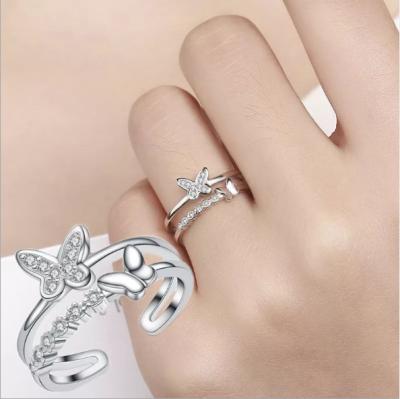 China 20254-10 FASHIONABLE fashion and temperament double row rhinestone silver butterfly shaped opening ring women for sale