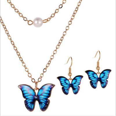 China CLASSIQUE 20229-9 Fashion Women's Blue Butterfly Jewelry Set Multicolor Butterfly Necklace Earring Set for sale