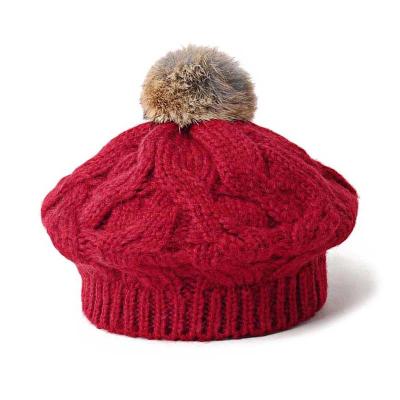 China Winter Women Knit Beanie Hats 56cm Pom Pom Fur Beanie BIO Washed Cotton for sale