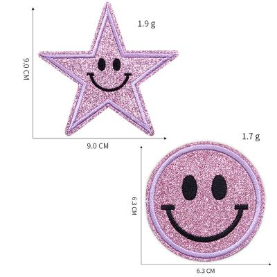 China Smiley Face Adhesive Backing Fabric Pentagram Starry Pentagon Patch Factory Stock Chapter Viable Embroidery Shiny Patch Hat Bag Coat Iron On Patch for sale