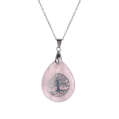 China High Quality Tree of Life Crystal Stone Necklace, Tear Heart Healing Stones Chakra Crystals Birthstone Pendant Jewelry for sale