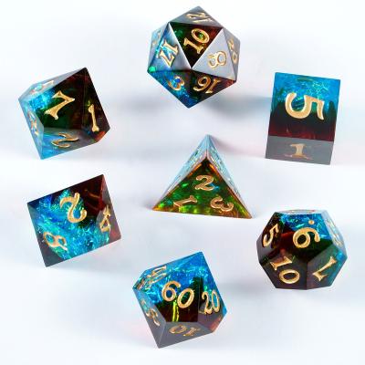 China DND Games Newcomer RPG Dnd Edge Polyhedral Resin Sharp Die Cut Clear Resin With Custom Copper Foil Dies Set for sale