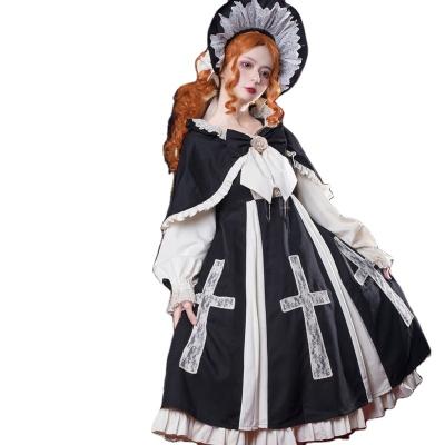 China Lolita Tube Dress Black Red Cross Pattern Woven Twill Pure Color Quilting Long Sleeve Women Lolita Dress With Small Shawl Sweet Headband BNT Hat for sale