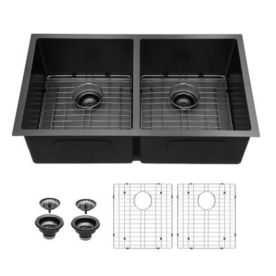 China Without Faucet High Grade Black Double Bowl Stainless Steel Handmade Undermount Kitchen Sink for sale