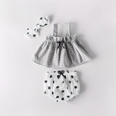 China Wholesale Breathable Newborn Baby Clothes Sets Girls Plaid Sleeveless Shorts And Tops Headband 3 Pieces Suit for sale