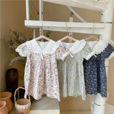 China Wholesale Breathable Summer Kids Girls Lace Up Collar Floral Dress 100% Cotton Casual Outfits for sale