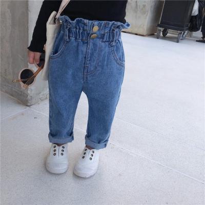 China Wholesale Blue Color Fade Proof Balloon Jeans Latest For Girls Kids High Waist Jeans for sale