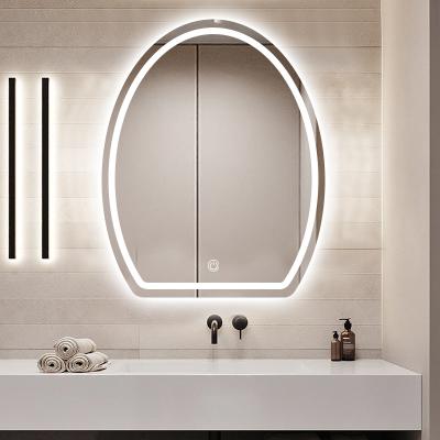 China Water Proof Drogging Moisture Proof Frameless Frontal Transmittance Led Touch Screen Smart Wall Mounted Mirror Anti-fog Device Egg Shape Led Lighted Bathroom Mirror for sale