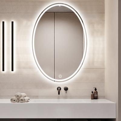 China Water Proof Moisture Proof Drogging Frameless Frontal Transmittance Led Touch Screen Wall Mounted Smart Oval Shape Led Bathroom Mirror Anti-fog Device for sale