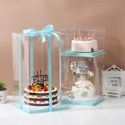 China Recycled Materials Hot Sale Clear Custom Cake Box PET Full Square Transparent Blue Plastic Cake Box for sale