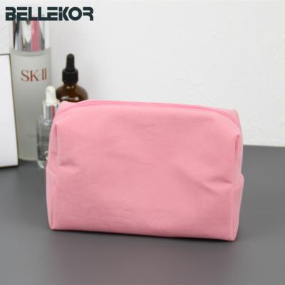 China BELLEKOR Eco-Friendly Travel Flannel Pouch Portable Waterproof Pink Pouch Velvet Cosmetic Makeup Organizer Bags for sale