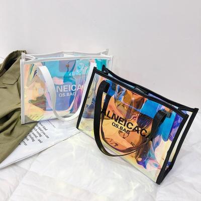 China High Quality Fashion PVC Cheap Holographic Transparent Elegant Designer College Shopping Bag Hot Selling Clear Tote Bags for sale