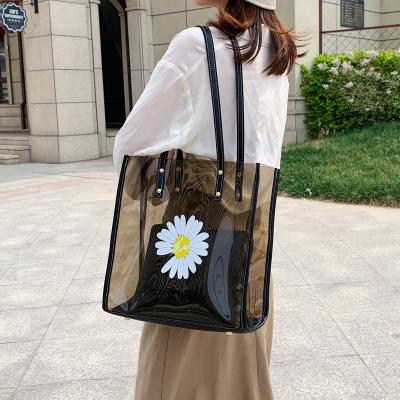 China Eco-friendly custom printed transparent PVC shopping bag tote bag large transparent candy color jelly lady handbag for sale