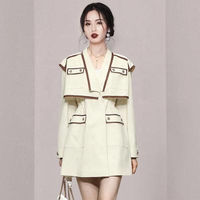 China Anti-Static OULAIYDI Fashionable Clothes British V-neck Contrast Color Loose Windbreaker Jacket Elastic Waist Woman Dress for sale