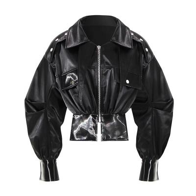 China Breathable Olaiyadi Winter High Waist Black Zipper Thick Short Cotton Cropped Jackets Women Motorcycles Jacket for sale