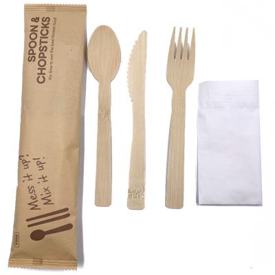 China Simplicity Wholesale Eco-Friendly Heat Resistant Disposable Natural Bamboo Cutlery Sets Knife Fork Spoon With Paper Napkin for sale