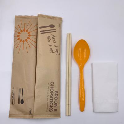 China Sustainable Factory Wholesale Plastic Soup Spoon And Chopstick Set With Craft Paper for sale