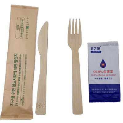 China Travel Bamboo Cutlery 17cm Disposable Biodegradable Bamboo Set Knife Fork Bamboo Paper Napkin With Customized Logo for sale