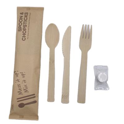 China Cheapest Disposable Safe Recycled Natural Bamboo Cutlery Set Include Knife Fork Item Napkin for sale