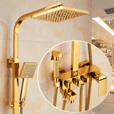 China With Slide Bar Gold Finish Bathroom Rainfall Shower Mixer Main Faucet Set Wall Mounted With Bidet Spray Mixer Taps for sale