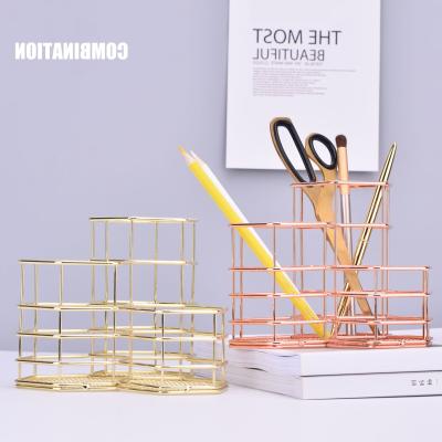 China Temperature Display Bedroom Table Desk Organizer Office Stand Pen Holder Rose Gold Iron Pen Basket Custom Metal Temperature Display for sale