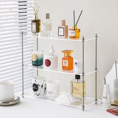 China Standing Type Bathroom Shelves 2 Tier Nordic Gold Furniture Metal Luxury Glass Standing Racks Cosmetic Bathroom Shelves Storage Glass Shelf for sale